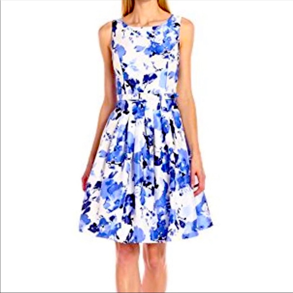 JESSICA HOWARD fit and flare sleeveless blue/white belted floral dress, size 12